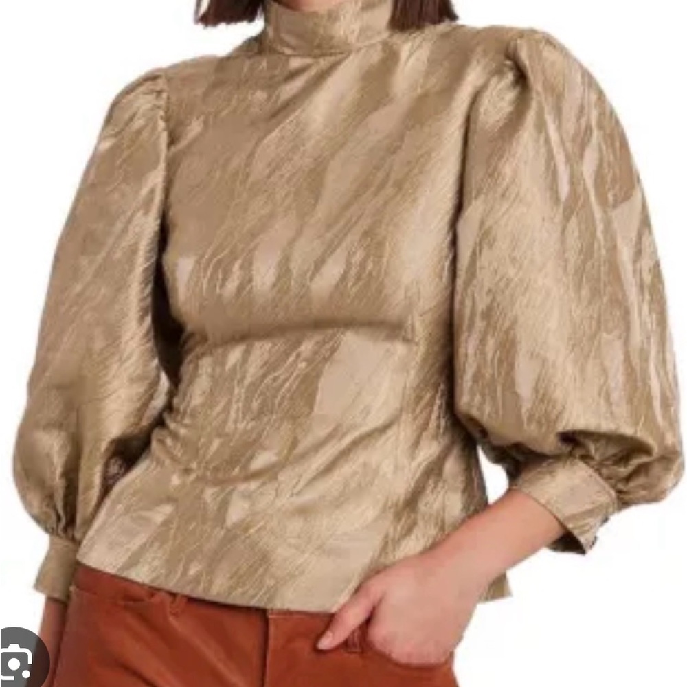Ganni Metallic Bronze Puff-Sleeve Jacquard Brocade Top